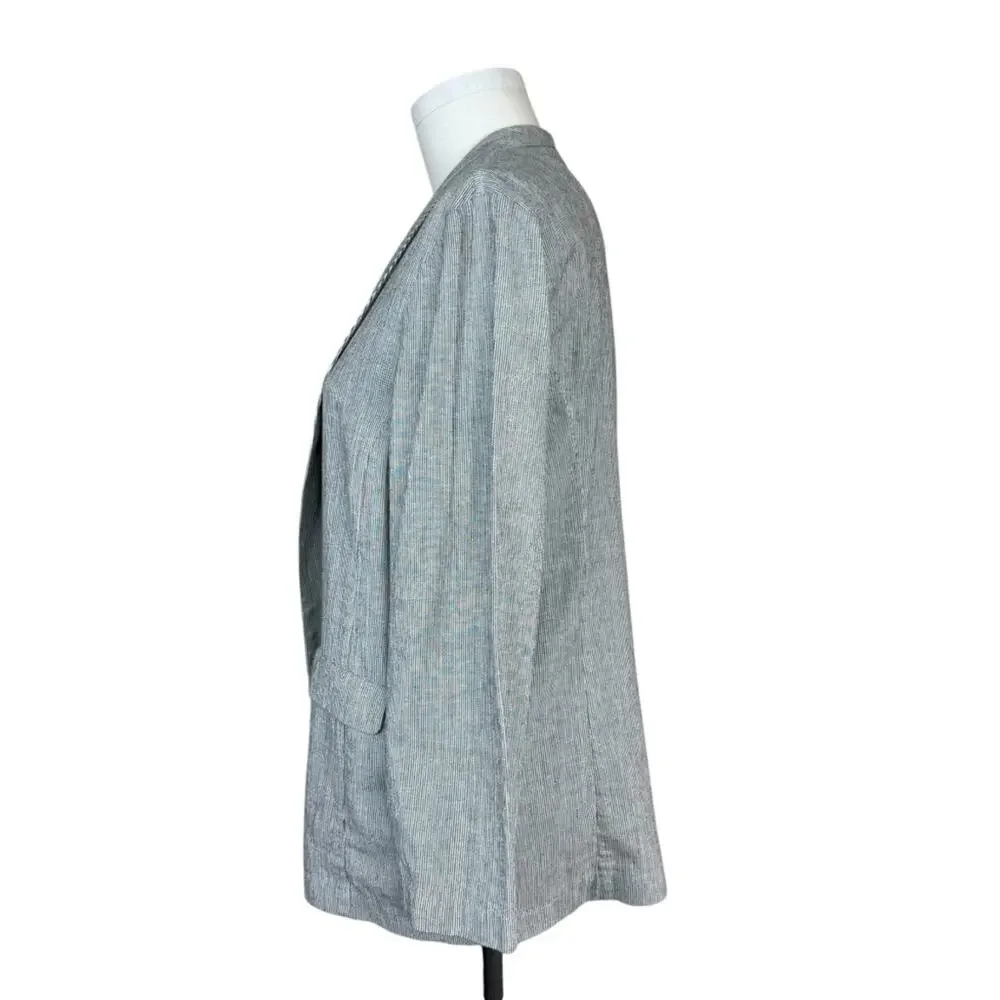 EILEEN FISHER Organic Cotton Linen Blend Open Front Jacket Black White Stripe XL